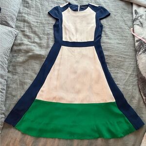 Silk Colorblock Dress with Navy, Cream, and Green